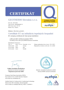 GEOTHERM Certifikát EHPA na inštaláciu tepelných čerpadiel