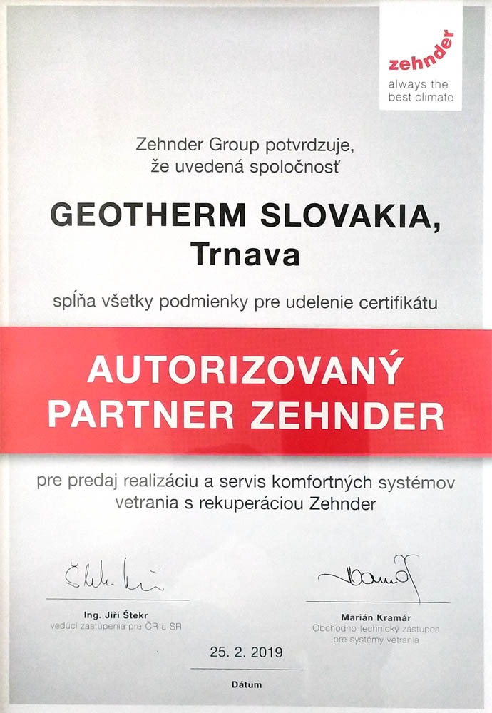 Geotherm autorizovaný partner Zehnder ocenenie