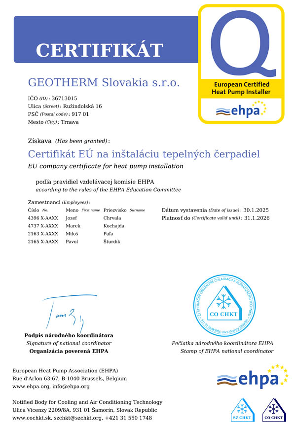 Tepelné čerpadlá certifikát